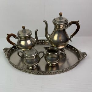 Royal Holland Pewter KMD Tiel 5pc Tea Coffee Set Teak Wood Cream Sugar Tray READ